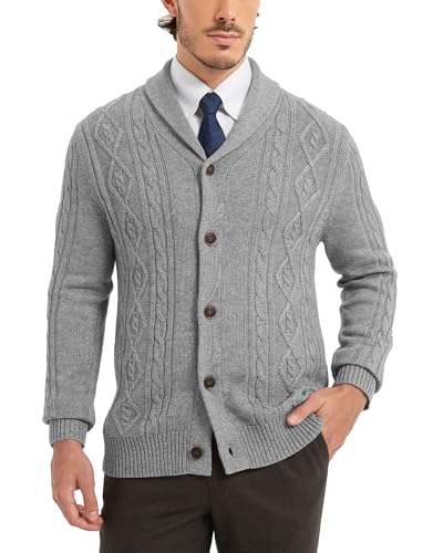 KALLSPIN Chandail cardigan laine homme, col châle, gris clair