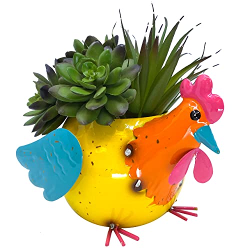 The Joy Tree Chicken Planter Pot Colorful Farmhouse Metal Rooster Hen Succulent Flower Indoor Outdoor Garden Decor 8"X 5" (Yellow & Orange) #TOP2