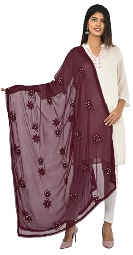 Image of YOUTHQUAKE Flower Embroidered Diamond Work Chiffon Dupatta for Womens & Girls With 4 Side Lace