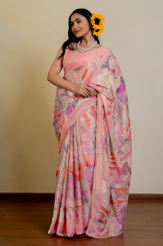 Image of MIRCHI FASHION Women Saree Floral Print Chiffon | Lightweight Festive Occasion Sari for Farewell and Functions with Unstitched Blouse Piece