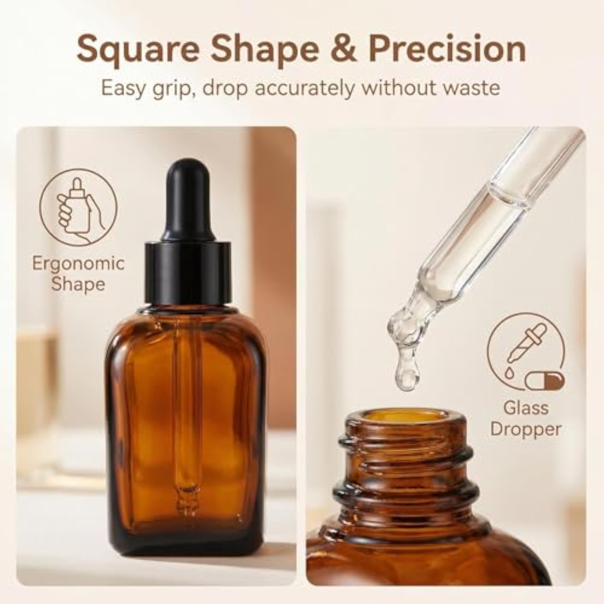 3 Pcs 100ml Amber Square Glass Dropper Bottles