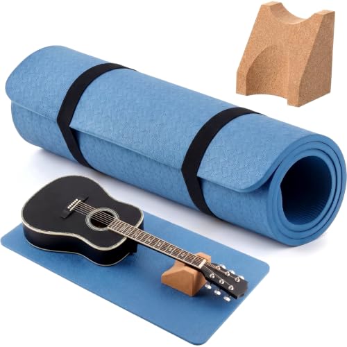 Image of Klyyo 41 In Guitar Mat with Neck Rest, 8mm Extra Thick TPE Non Slip,Blue | Dual Height Cradle for Bass Guitar, Repair Bench Pad for String Change Cleaning, Fits Acoustic Electric Ukulele