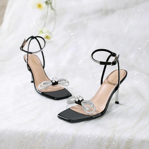 Image of Susanny Women's Closed Toe Rhinstone Wedding Low Heel Slingback Clear Kitten Heels,Adjustable Strap Pointed Toe Bow Pumps High Heeled Prom Dress Shoes