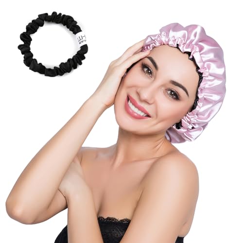 Image of Stain Bonnet Silk Sleep Cap Adjustable Satin Cap for Night Sleeping Hair Bonnet Reversible Double Layer