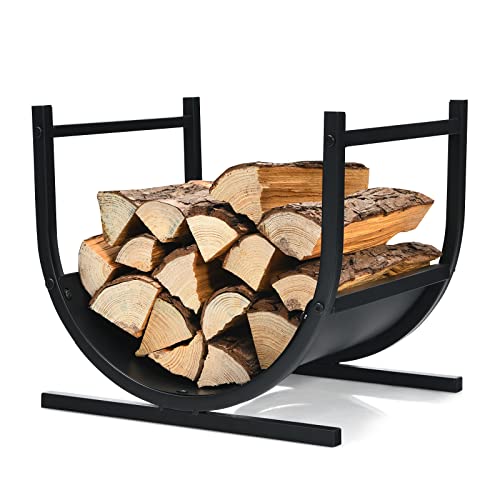 GYMAX Range-bûches Intérieur avec Poignées, Porte-bûches en Métal, Support pour Bois de Chauffage en Forme U, Charge 30 kg, pour Extérieur, 43x36,5x39,5CM