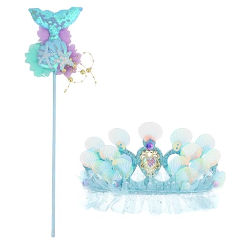 Exipsat Meerjungfrau Krone Und Zauberstab Set Für Kinder Blauer Glitzer Muschel Seestern Prinzessin Tiara Für Geburtstagsparty Cosplay Fotobooth
