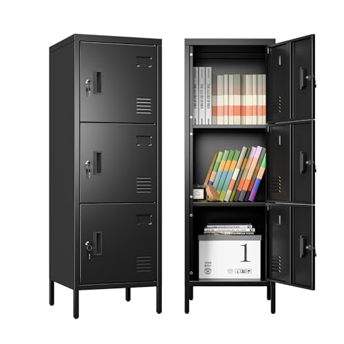 Image of Aobabo 16 inch W 3 Door Metal Storage Locker with Lock, 47 inch H Steel Locker with Name Card Holder and Metal Leg for School, Home, Office, Playroom, Assembly Required, Black