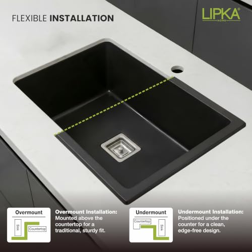 Image of LIPKA Quartz Kitchen Sink 24 x 18 x 9 Inches | Black Granite Single Bowl Sink | Quartz Sink for Modular Kitchen | Scratch & Heat Resistant | Kitchen Sink with Coupling, Waste Pipe & Vegetable Basket