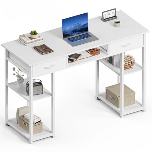 Sweetcrispy Computer Gaming Desk with Fabric Drawers - 48 Inch Home Office Bedroom Writing StudyTable with Storage Shelves Adjustable Feet PC Desk, White