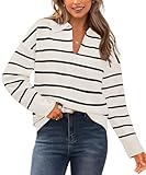 CFLONGE Women's 2024 Fall Winter Casual Breton Striped Long Sleeve Polo V Neck LightweightPullover Sweater Loose Fit Drop Shoulder Knitted Shirts Tops(Small,Beige White)