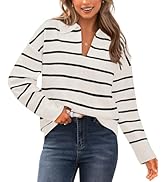 CFLONGE Women's Casual Striped Pullover Sweater Long Sleeve Polo V Neck Lightweight Loose Fit Dro...