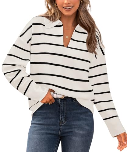 CFLONGE Women's Casual Striped Long Sleeve Polo V Neck Lightweight Pullover Sweater Loose Fit Drop Shoulder Knitted Shirt Top