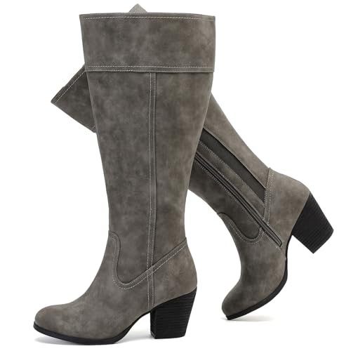 Luoika Women's Extra Wide Calf Knee High Boots, Wide Width Slouchy Knee-High Boots Chunky Pump Heel...