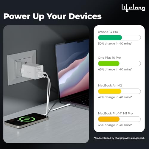 Image of Lifelong Electronics 45W Super Fast GaN Charger PD Technology | 1 USB A + 1 Type C Port | iPhone 17 /16 /15 /14 (Including Pro Max), Android, Samsung | Laptops - MacBook, Dell, HP, Lenovo, Acer, ASUS
