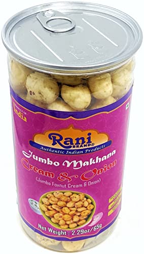 Image of Rani Jumbo Phool Makhana (Fox Nut /Popped Lotus Seed) Cream & Onion Flavor 2.29oz (65g) Vacuum Sealed, Easy Open Top, Resealable Container ~ Indian Tasty Treats | Vegan | NON-GMO | Indian Origin