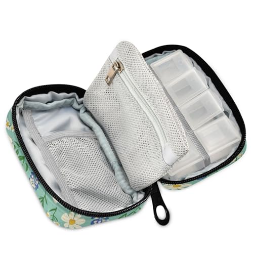 Image of Cute Green Bluebonnet and Daisies Cute Pill Organizer Weekly Travel Pill Box 7 Day Large Capacity Pill Dispenser Case with 8 Pill Container Daily Pill Box Organizer Vitamin Holder Pill Bottle