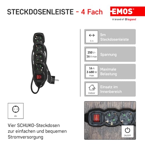 Regleta de 4 enchufes de 5m EMOS negra con interruptor y cable H05VV-F para interior 2