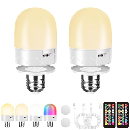Pinrutar USB Lampadina Ricaricabile Con Telecomando, E27 Lampadina Batteria Per Lampade, Lampadina RGB Cambio Colore, 12 Colori Dimmerabile, 3 Timer, Luce Notturna Cordless, 800LM, 2200mAh,2 pack