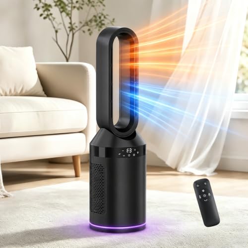 MoraRise Bladeless Tower Fan Heater Hot and Cold Fan with Remote 7-Colour LED 70 Oscillating Space Heater for Home Bedroom Office Quiet Cooling & Heating (Black 80cm)