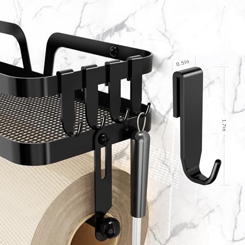 Image of Taozun Paper Towel Holder with Shelf, Kitchen Paper Holder Spice Rack Black Paper Towel Roll Holder RV Paper Towel Rack with 4 Hooks(2 Installation Methods - Self-Adhesive and Drilling)