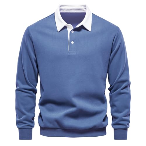 Sudaderas Hombres sin Capucha Polo Cuello Manga Larga Pullover Sweatshirt Invierno Cálidos Basica Sudadera Color Puro Termica Jersey Casual Trabajo Básico Pull-Over Camisa Azul Vaquero XL