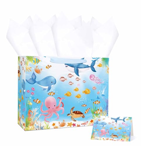 MUNILAIL 13 Inches Sea Animal Gift Bag with Handle Tissue Paper and Greeting Card Ocean Animal Gift Bag for Boys Girls Birthday Baby Shower Ocean Themed Party Supplies Large Paper Gift Bag
