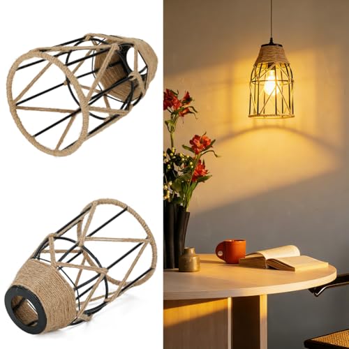 Image of 1 Pack Industrial Hemp Rope Pendant Lamp Shade, Small Vintage Boho Hanging Light Shades, Mini Rustic Metal Cage Lampshade for E27 Chandelier Wall Sconces Ceiling Hanging Pendant Light Fixture