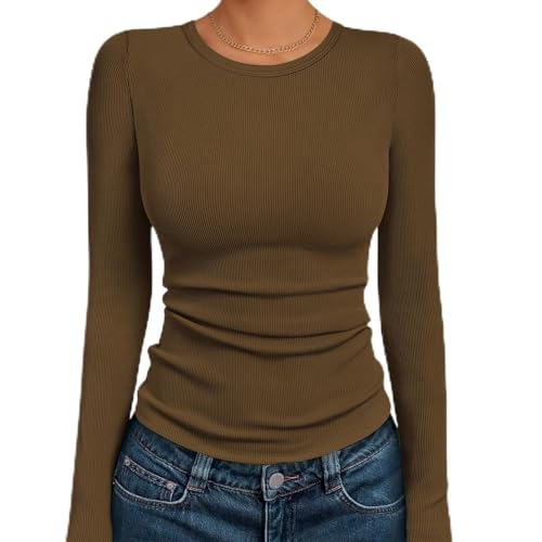 Blusa feminina de malha canelada, manga comprida, elástica, macia, casual, para mulheres, blusa básica com controle de barriga, Marrom, M