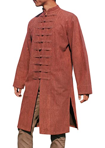 Image of Chinese Collar Mens Long Naval Jacket Many Button Tai Chi Cotton