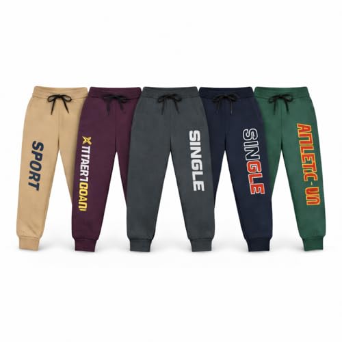 Image of Boys Track Pants Pack of 5 | Kids Cotton Joggers & Lower | Soft, Breathable Elastic Waist Pants for Everyday Active Wear | Ages 2-8 Years | Colors May Vary