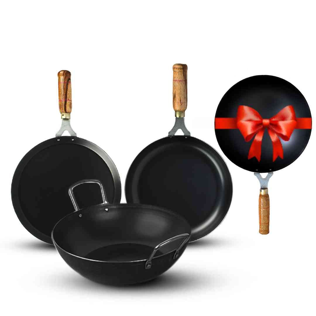 The Indus Valley Pre-Seasoned Iron Cookware Set + Free Wok (25 Cm) | Kadai (24 Cm) + Fry Pan (24 Cm) + Tawa (26 Cm) | Kitchen Cooking Combo Pots and Pans Set of 4Pcs | Naturally Nonstick, Black The Indus Valley Pre-Seasoned Iron Cookware Set + Free Wok (25 Cm) | Kadai (24 Cm) + Fry Pan (24 Cm) + Tawa (26 Cm) | Kitchen Cooking Combo Pots and Pans Set of 4Pcs | Naturally Nonstick, Black