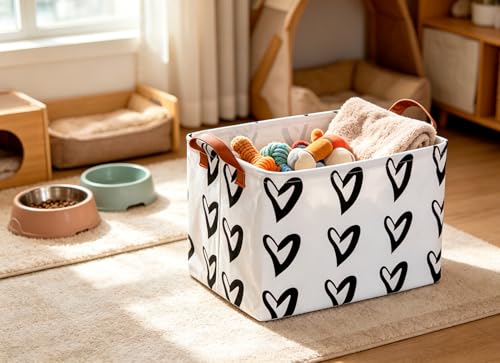 Image of CLOCOR Heart Rectangular Storage Bin, Collapsible Waterproof Books Box with Handles, Gift Baskets (Black Hearts)
