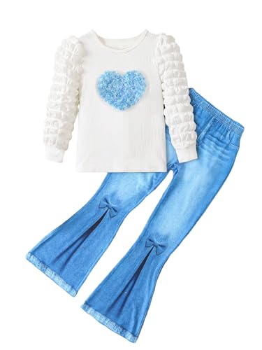 Image of Floerns Girl's 2 Piece Outfit Puff Long Sleeve Tee Flare Leg Denim Pants Set Blue and White 10Y