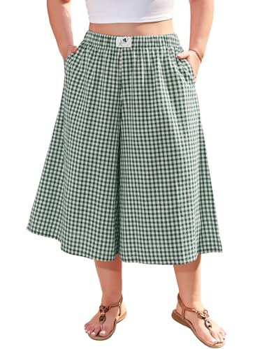 FOREYOND Plus Size Capri Pants for Women Wide Leg Gingham Pants Cotton Palazzo Trousers Bottoms with...