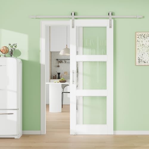 Image of 30 inch x 80 inch Presembled Barn Door with 72 inch Track Kit, Top Frosted Glass Bottom MDF Solid Core Panel Sliding Barn Doors for Closet Kitchen Bedroom Pantry, Nickel-Plated Hardware Kit, Easy to Install