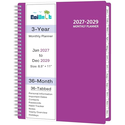 Monthly Planner 2027-2029 36 Months Calendar Planner 2027-2029 from Jan 2027 Dec 2029 8.5 x 11 with Ruled Spread Flexible Cover Spiral Wirebound Pocket Coated Tabs Notes Habit Tracker