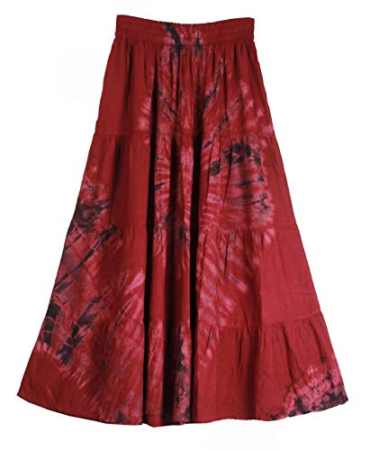 Maxi Tiered Long Skirt Bohemian Elastic Waist Tie Dye Handmade Plus Size (Maroon)