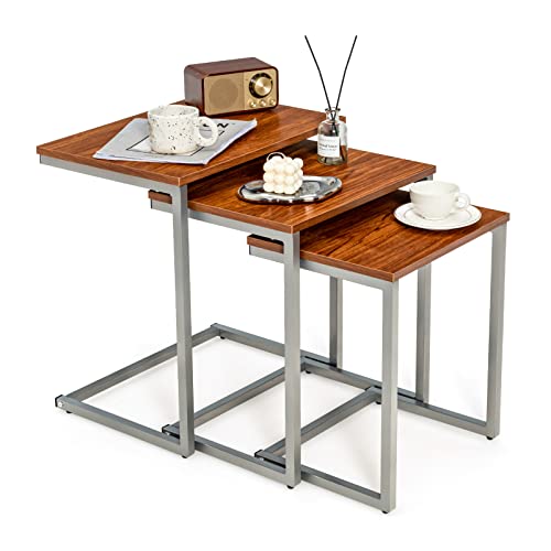 Giantex Set Of 3 Nesting Coffee Tables, Stackable Square End Table With Wood Grain Tabletop And Heavy-Duty Metal Frame, Multifunctional C-Shaped Accent Table For Living Room, Bedroom, Study #TOP6