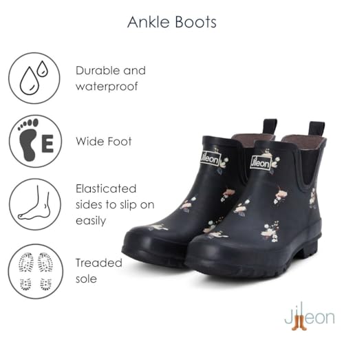 Jileon Womens Ankle Height Waterproof Rubber Rain Boots - Designed For Wide Feet & Wide Calves - Easy to Slip on and Off3