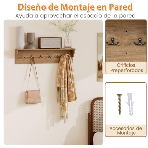 COSTWAY Percheros Pared con Estante, Estanteria Pared con 6 Ganchos, Perchero Entrada Recibidor Salón Dormitorio Baño, 80 × 14 × 20 cm (natural) - imagen 4