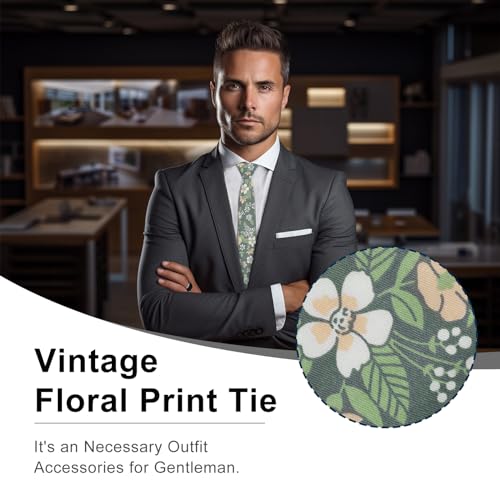 Image of Luckyvestir Ties for Men, Sage Green Cotton Floral Tie 2.76 inch Flower Printed Men's Neckties for Wedding /Groomsmen /Suit /Party