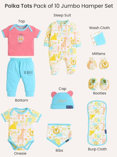 Image of POLKA TOTS Newborn Baby Products Gift Set | Pure Cotton Baby Clothing & Essentials Set | 10pc Unisex Kit for Newborn & Ideal Baby Shower Gifts for mom to be | New Born Baby Clothes 0-3 Months