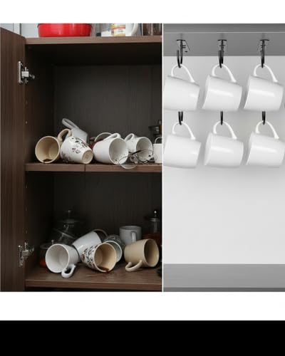 Image of Under Cabinet Mug Hooks - 3PCS Mug Holder Rack with 9 Hooks | Heavy Duty Screw Mount Coffee Cup Organizer | Space Saving Kitchen Storage for Mugs, Cups & Utensils (Black)