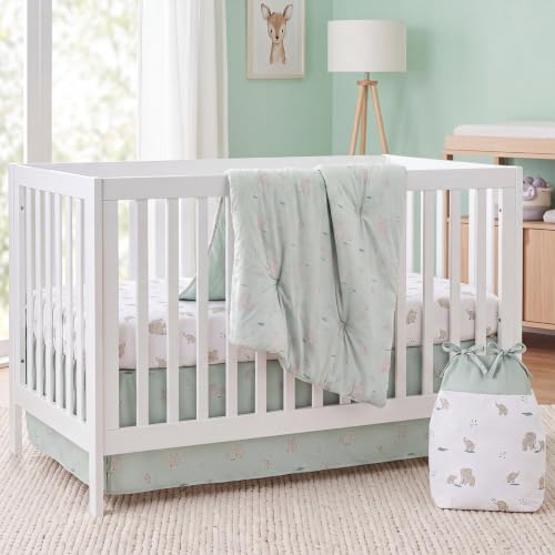 Image of Hahafelt 4 Pieces Crib Bedding Set for Girls and Boys, Soft Baby Bedding Set Including Crib Skirt, Comforter, Sheet and Diaper Stacker for Nursery(Elephant Theme)