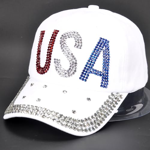 Image of Bling Rhinestone Hats, USA Design Men Womens Baseball Cap Golf Hat Jeans Wash Denim Adjustable (White)