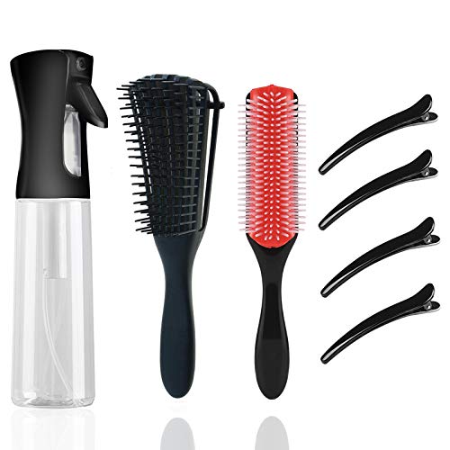 DKAF 4 Pcs Hair Spray Bottle Detangling Brush Set for Hairstyling, 9-Row Cushion Shampoo Brush, Detangling Brush, Hair Clips and Multifunction Hair Spray Bottle(Black 300ml/10oz)
