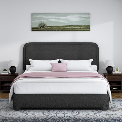 Image of BarnFurin Full Bed Frame, Cloud Boucle Headboard, Rounded Corners, Black | Soft boucle and rounded edges create a low-profile cloud look. Wooden slats support the mattress without a box spring
