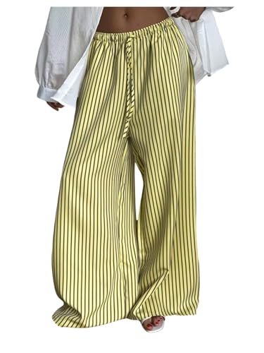 GORGLITTER Women's Gaucho Y2k Striped Wide Leg Baggy Pants Oversized Drawstring Waist Trousers