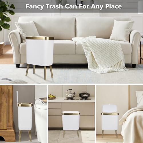 Image of Bathroom Trash Can with Lid, 4 Gallon Modern Garbage Can with Removable Legs, Plastic Garbage Bin, Slim White and Gold Trashcans for Bedroom, Living Room, Office, Kitchen