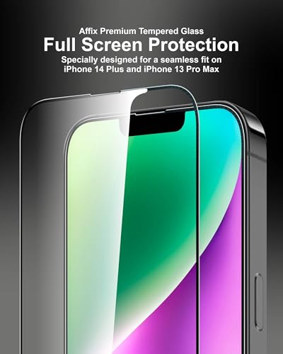 Image of Affix 2 Pack for iPhone 14 Plus and iPhone 13 Pro Max Full Coverage Tempered Glass, Screen Protector Guard with Easy Fix Installation Tool, 9H Hardness Shatterproof, HD Clear Scratch Resistant